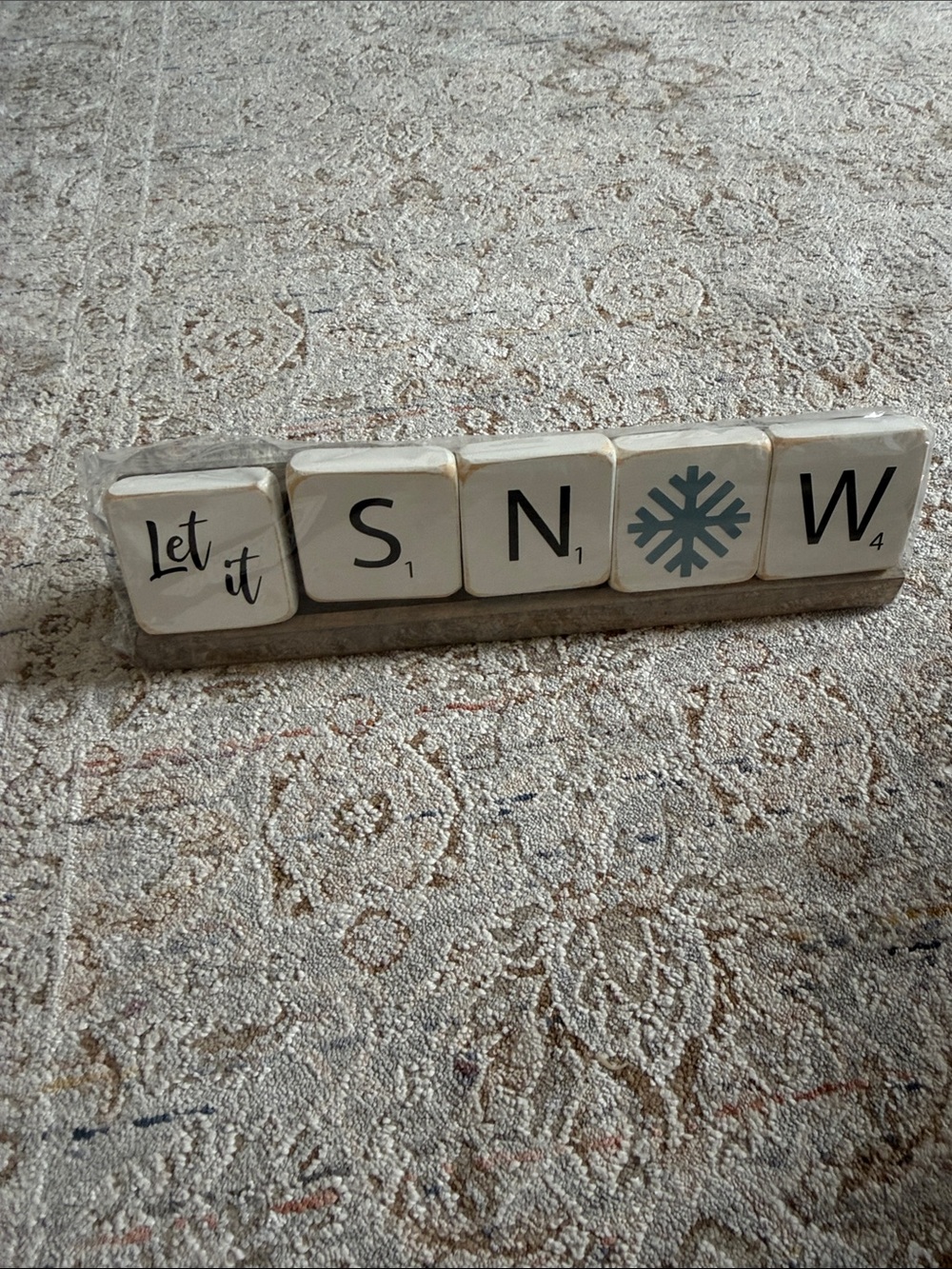Let It Snow Wooden Scrabble Tile Sign - White and Teal